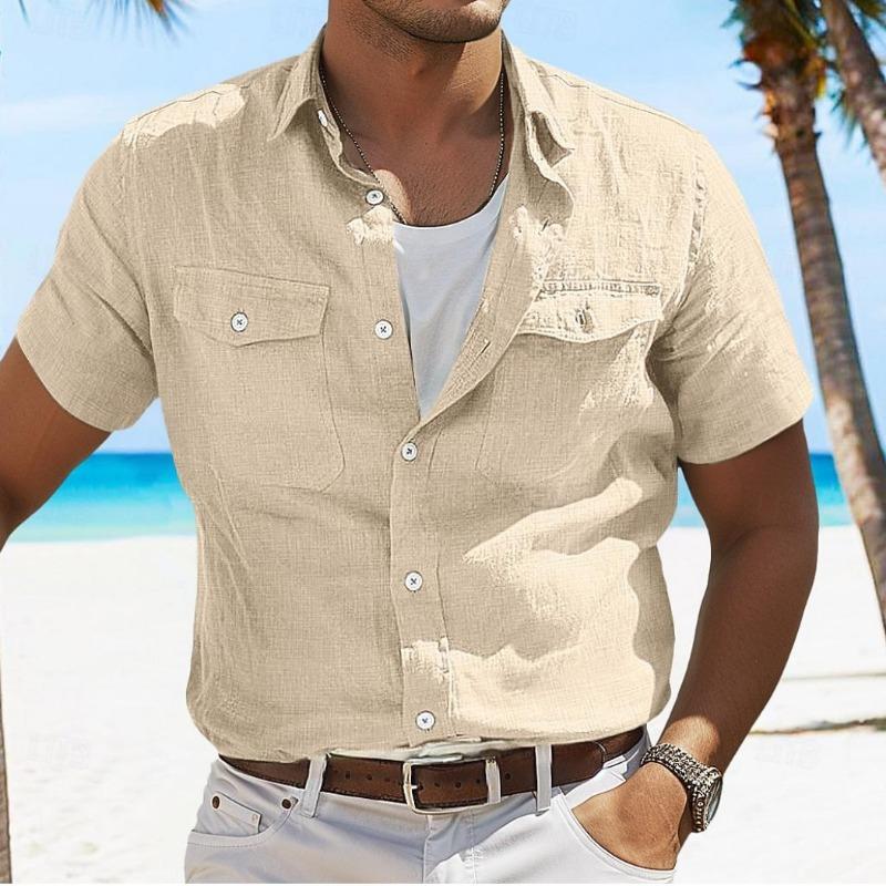 Men's Linen Summer Shirt Beach Solid Color Lapel Spring Summer Street Daily Clothing Clothing Pocket