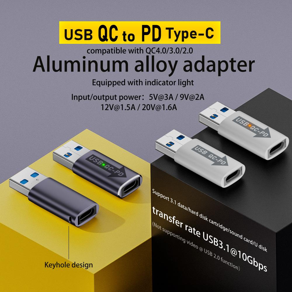 QC 4.0 USB 3.1 To PD Type-C Adapter USB A To C Adapter Charger Cable Connector USB3.1 10Gbps USB Charging Adapter for Laptop