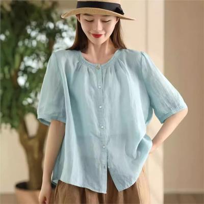 Women Chinese Style Shirts O-Neck Short Sleeve Button Tops Summer Solid Color Vintage Women Blouses