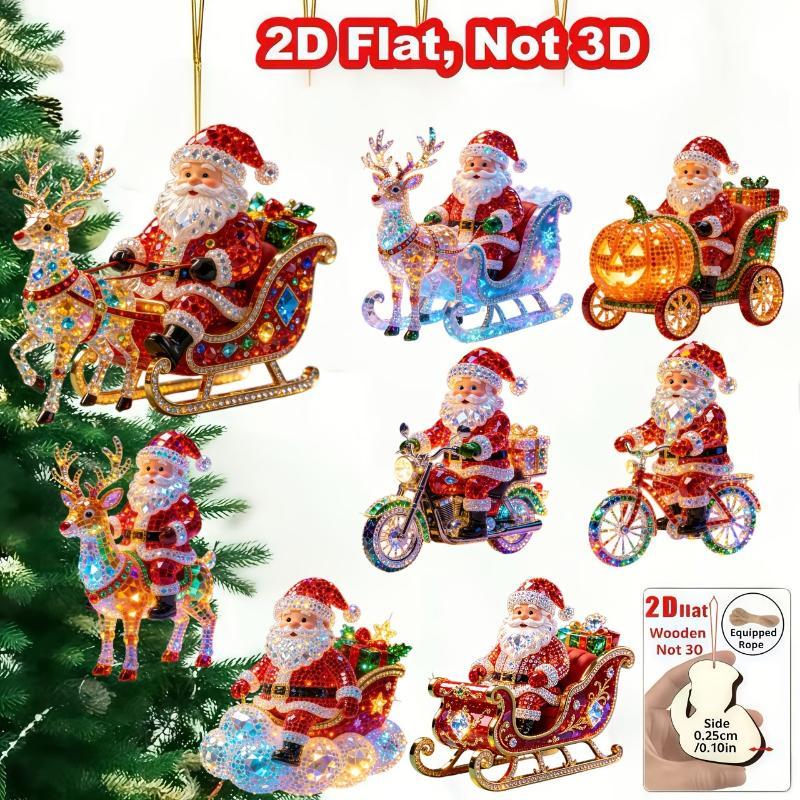 8/16Pcs 2D Flat Santa Claus Ornaments Wooden Deer Christmas Tree Ornaments Holiday Pendants Shiny Beautiful Xmas Hanging Party