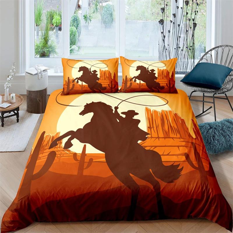 Western Cowboy Duvet Cover Rodeo Cowboy Riding Bull Horse Bedding Set Full For Boys Teen Microfiber Farmhouse Style Quilt Cover