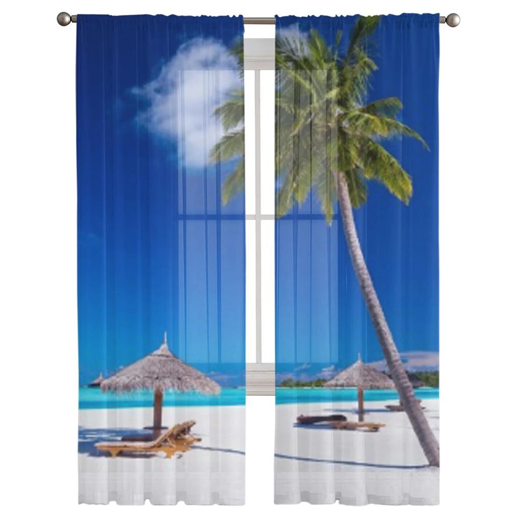 Transparente Vorhänge mit Palmen am Strand für Wohnzimmer, Kinderzimmer, Tüllvorhänge, Küchenfenster, Behandlungsvorhänge