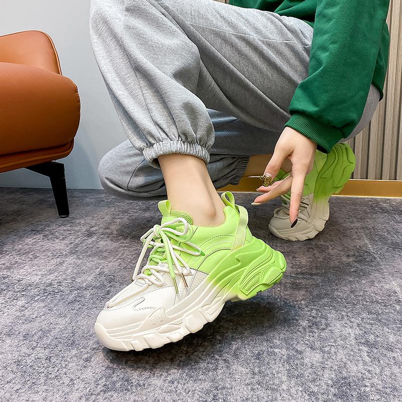 Platform Dad Shoes Women's 2025 Autumn New Leather Green Contrasting Color Gradual Change Ins Women's Shoes Casual Sports Shoes
