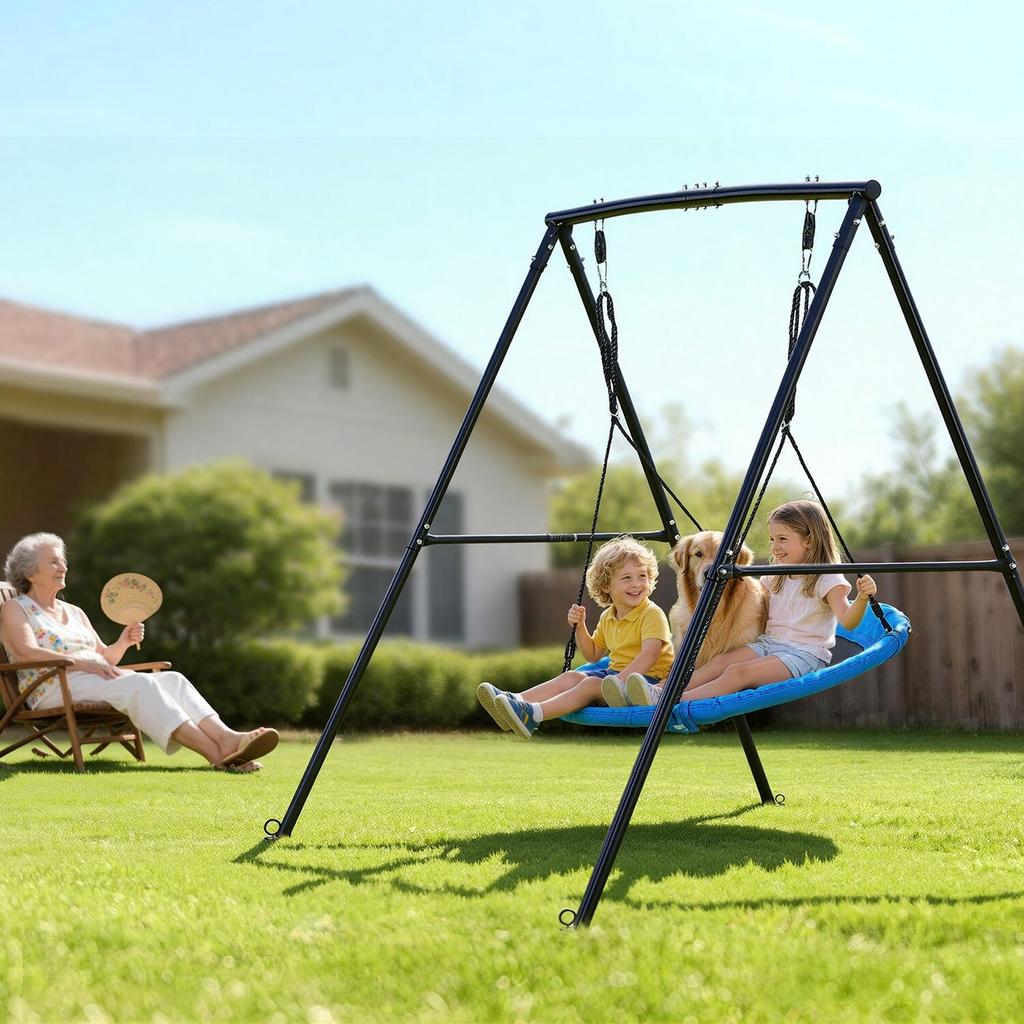 Swing Set for Backyard, 150 X 81 Cm Swing Seat with Heavy Duty A-Frame Metal Stand, 199.6 Kg Load Capacity, Reinforced with Spiral Ground Anchors,