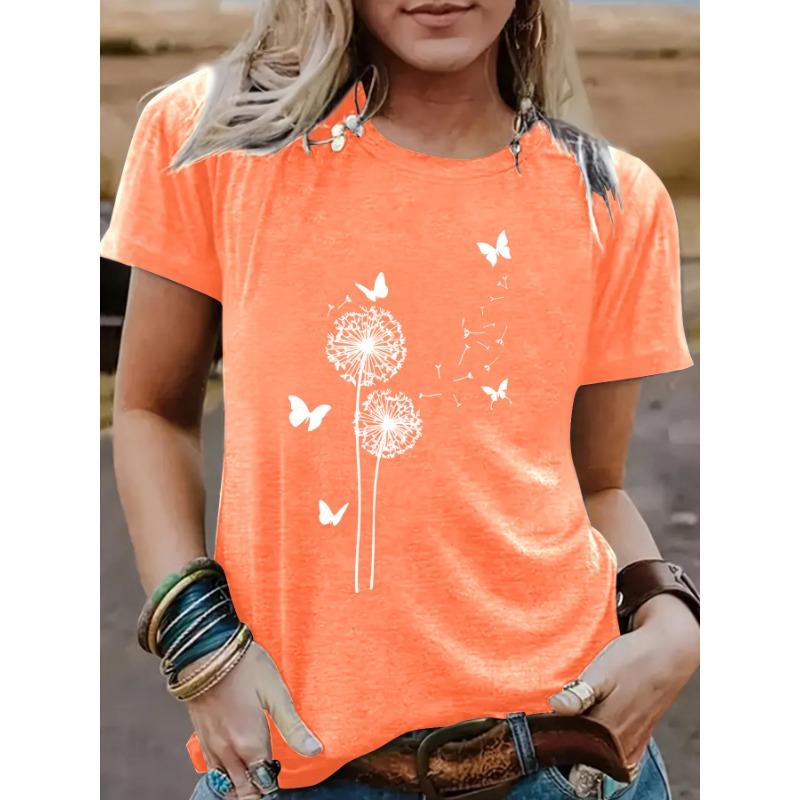 Dames T-shirt met paardenbloempatroon, ronde hals, korte mouwen, casual en modieus