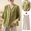 Summer Cotton Linen Lightweight Casual Shirt Set for Middle-Aged Women with Versatile Three-Quarter Sleeves