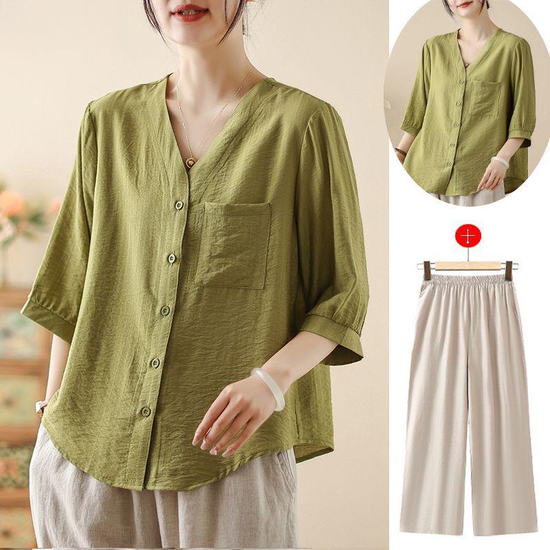 Summer Cotton Linen Lightweight Casual Shirt Set for Middle-Aged Women with Versatile Three-Quarter Sleeves