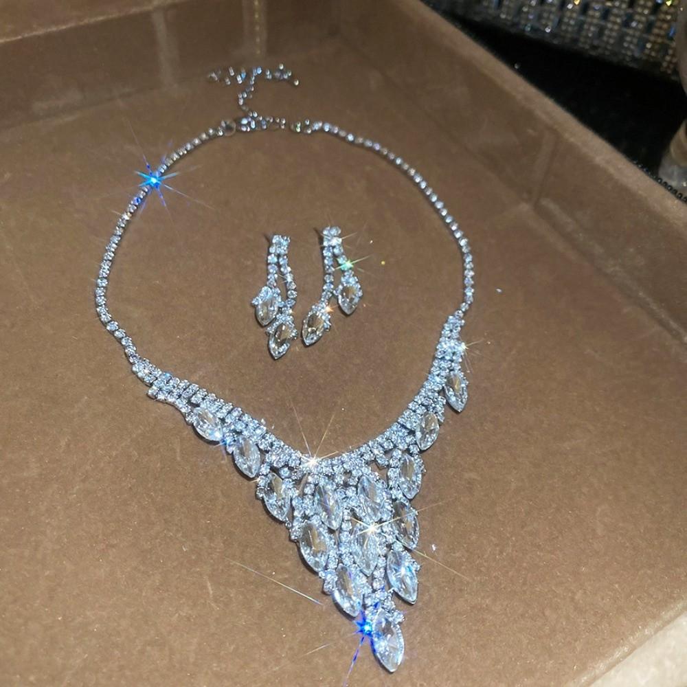 2 pieces Water Drop Rhinestone Jewelry Set Inlaid Crystal Necklace Set  Banquet