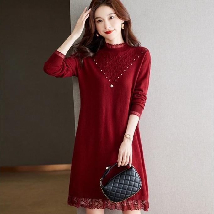 Lace Knitted Dress for Women In Autumn and Winter Large-sized Half Turtleneck Knitted Sweater Loose Mid-length Sweater Dress