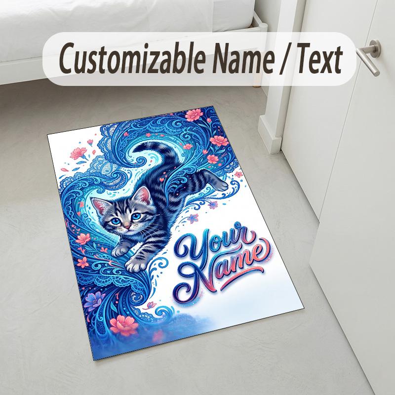 Cat Theme Crystal Velvet Rug Personalized Custom Name Text Soft Floor Mat Home Decor