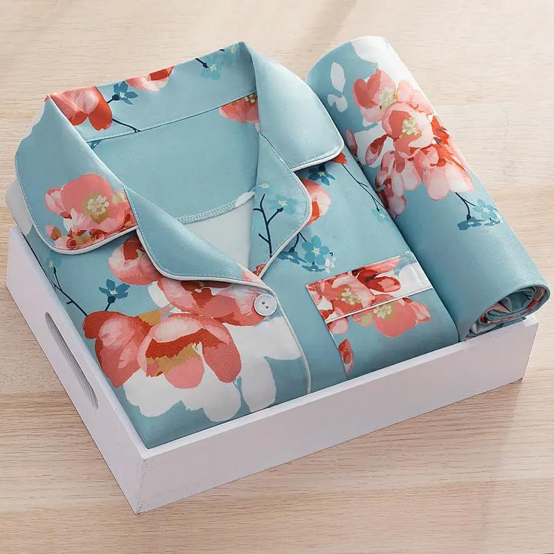 Damen Pyjama Set Druck Langarm Hose Studenten Süße Homewear Zweiteiler Cardigan Revers Mode Damen