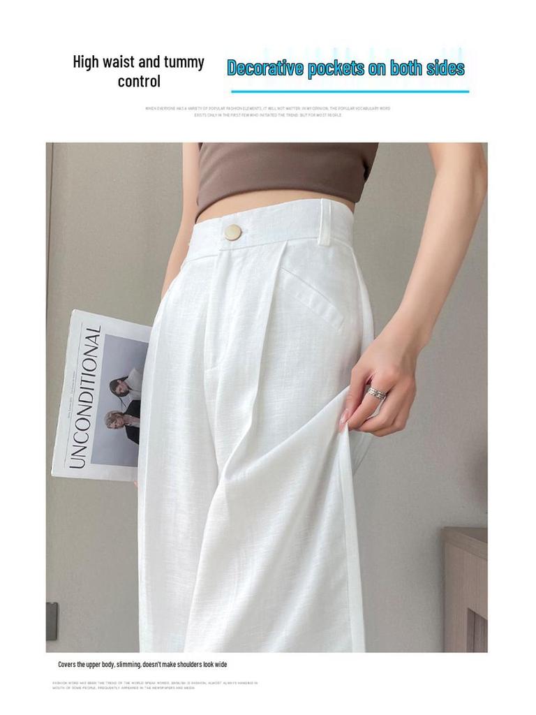 2026 Summer Women's High-Waisted Linen Wide-Leg Pants - Ice Silk Cotton Blend, Lightweight and Casual.