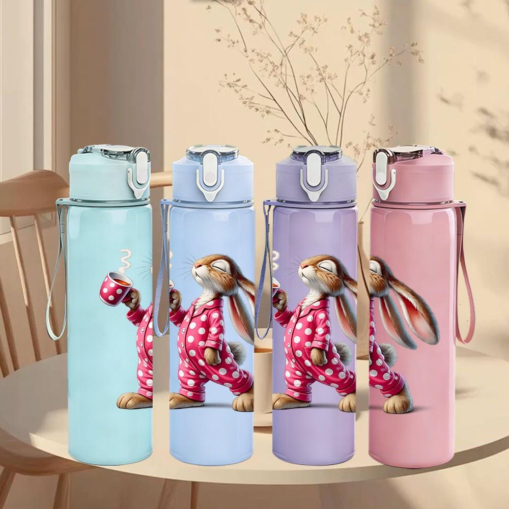1PC Pink Polka Dot Bunny Rabbit Print 750ml Color Plastic Sports Water Bottle Leakproof Flip Straw Lid Suitable for Sports Office Home Use