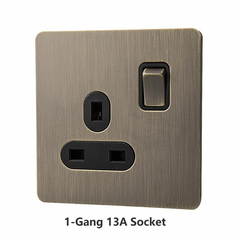 LangYeao Messinghebel UK Kippschalter Buster und Stanzlichtschalter Stil Edelstahlplatte Vintage Retro Wandschalter Steckdose