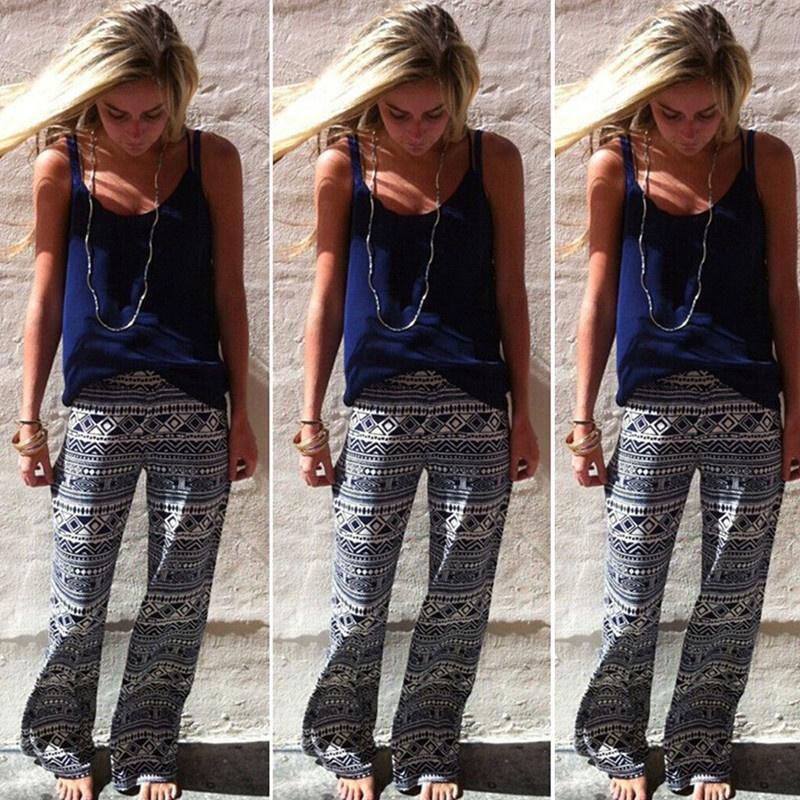 Women Bohemia Long Pants Floral Print Straight Casual Loose Trousers With Micro Fiber Material