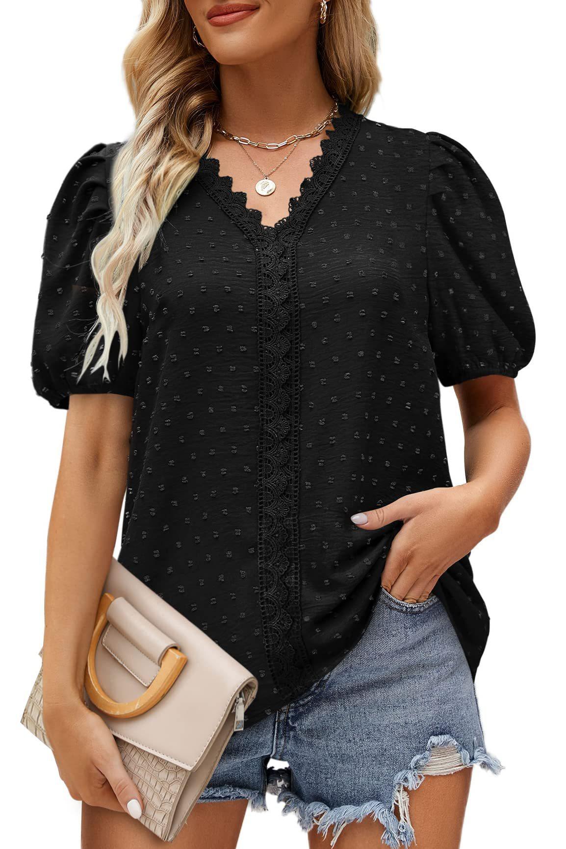 Summer New Lace Patchwork Polka Dot Short Sleeved Shirt, Women s Top S чёрный