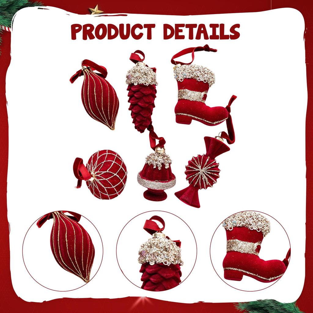 6x Christmas Tree Hanging Ornaments with Flocking Candy Pinecone Boot Xmas Tree Pendants Baubles for Holiday Party Thanksgiving