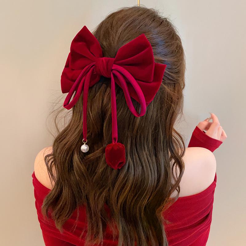 Red Velvet Bow Hair Clip for Women: Autumn/Winter Bridal Accessories
