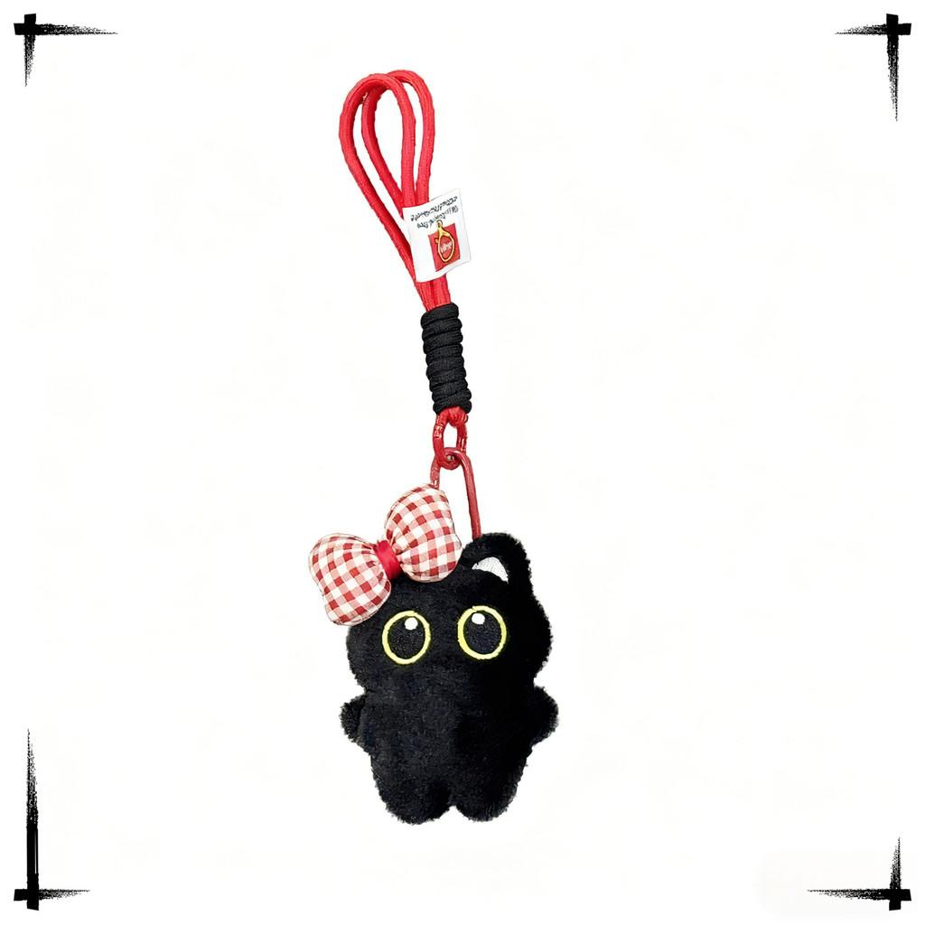 

Plush Black Cat Keychain With Checkered Bow Decor For Cute Gift And Collectors Toy Bow