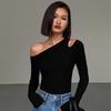 Black One-Shoulder Bodycon Long-Sleeve Top for Women – Sexy, Versatile, Shoulder-Baring Clavicle Design for Autumn