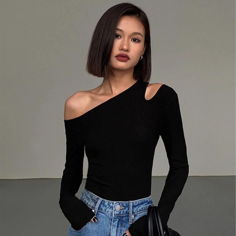 Black One-Shoulder Bodycon Long-Sleeve Top for Women – Sexy, Versatile, Shoulder-Baring Clavicle Design for Autumn