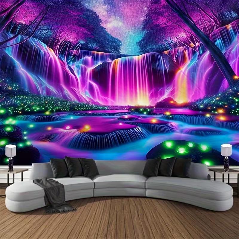 2D Glowing Waterfall Tapestry Psychedelic Purple Forest Backdrop Cloth for Living Room