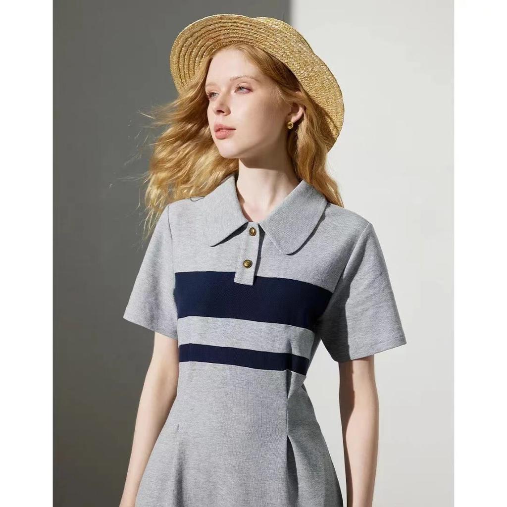 Leichte Sportarten Sommer Neu Kontrastierendes Gestreiftes Polo-Rock für Damen Retro Altersreduzierendes Taillenkleid