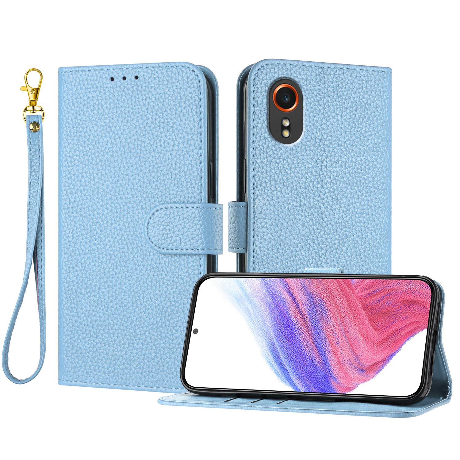 

For Samsung Galaxy Xcover7 Leather Case Litchi Texture Wallet Stand Anti Drop Phone Cover with Wrist Strap Blue