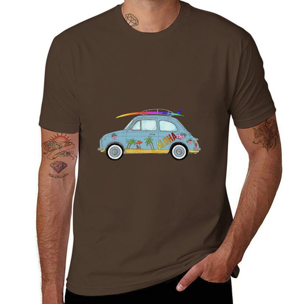 Fiat 500 with Surf Board T-Shirt Blanks Graphics Customs Heavyweight T Shirts for Men