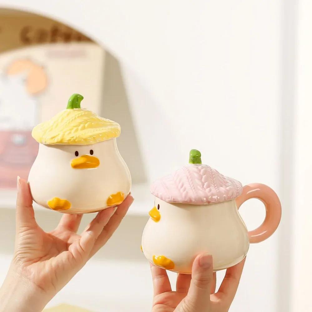 Cana din ceramică cu capac, cu capac, pentru birou și ceașcă de cafea pentru uz casnic, pere de rață, vase de băutură pentru cuplu.