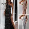Robe de soirée pour femme, col incliné, une épaule, sans manches, paillettes, ourlet fendu, coupe ajustée, robe de soirée, maxi, soirée d'été