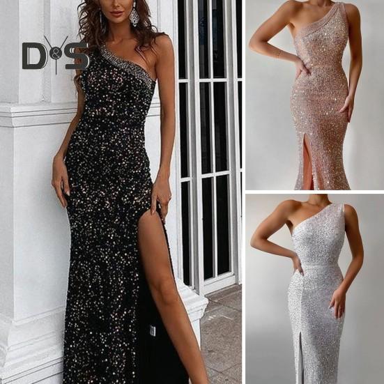 Robe de soirée pour femme, col incliné, une épaule, sans manches, paillettes, ourlet fendu, coupe ajustée, robe de soirée, maxi, soirée d'été