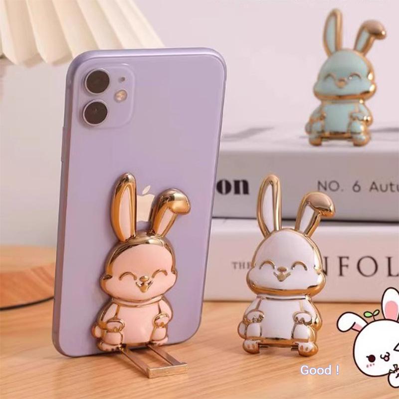 Slide-Push Bunny Phone Stand With Adhesive Back - Foldable Desktop Holder For Hands-Free Viewing