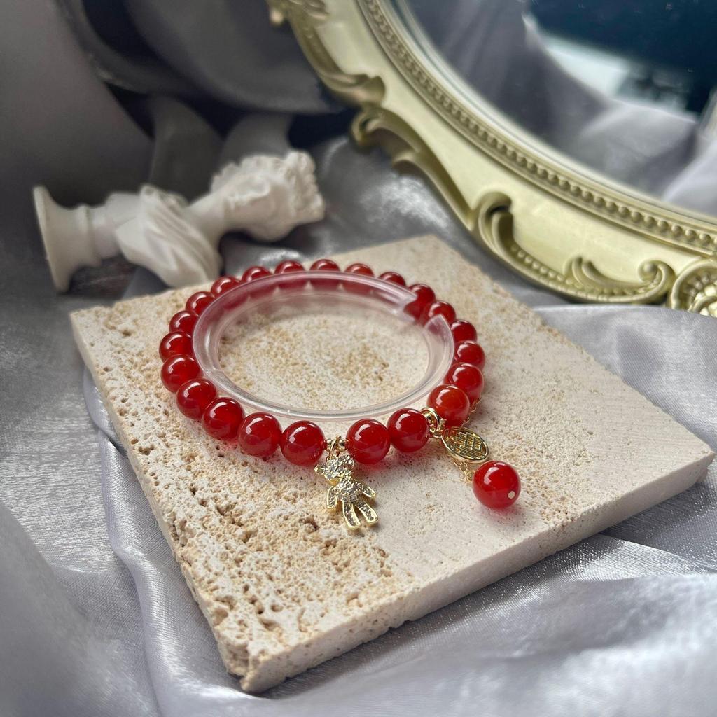 Women's Natural Red Agate Bracelet with Little Bear Fortune Tag - Original Chinese Style Hanfu Beaded Accessory