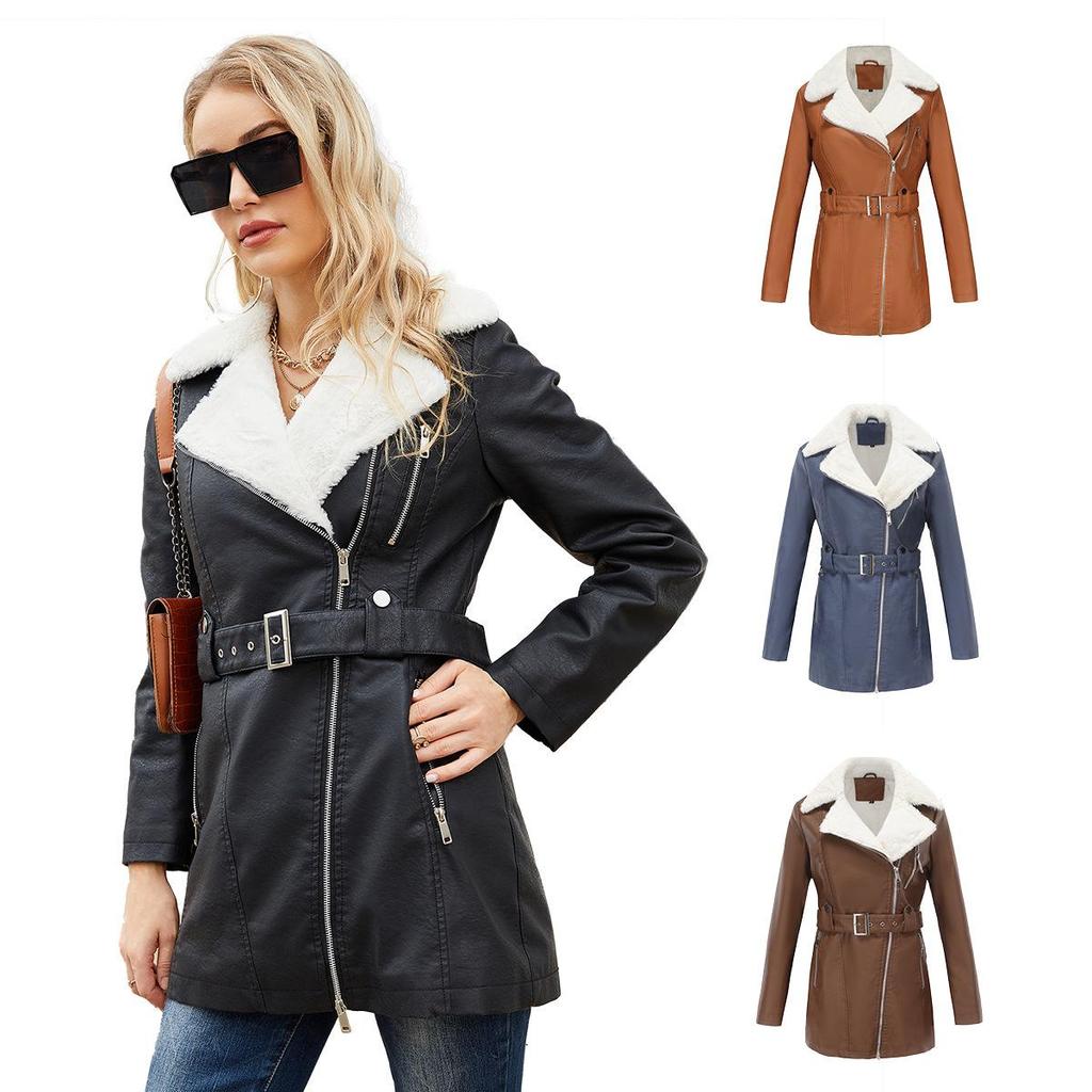 Women's Long-Sleeve Velvet-Lined Leather Jacket with Lapel, Double-Head Zipper, and Belt for Autumn and Winter.