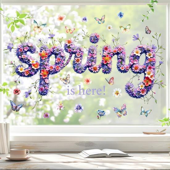 Spring Window Cling Double-Sided Butterfly Letter Sticker Waterproof PVC Static Glass Colorful Flower Holiday Party Window