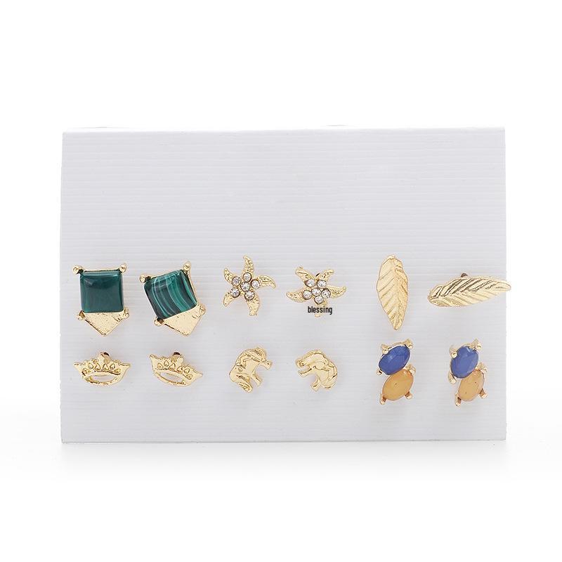 European  American Fashion Starfish  Leaf Stud Earrings - Set of 6 Pairs