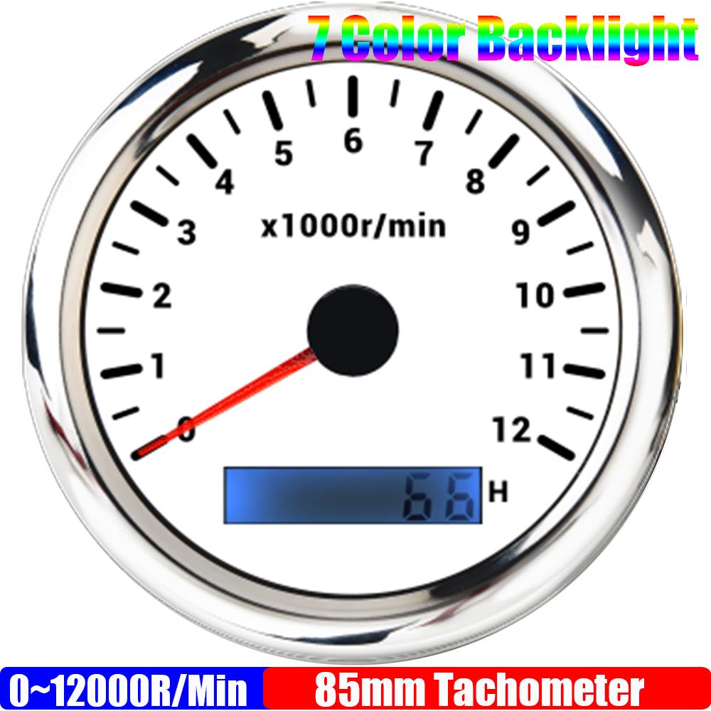 0~12000R/min,0~2000RPM 85mm Tachometer 7 Color Backlight Pointer Tacho Gauge Waterproof for Auto Car Boat Yacht RV 12V24V