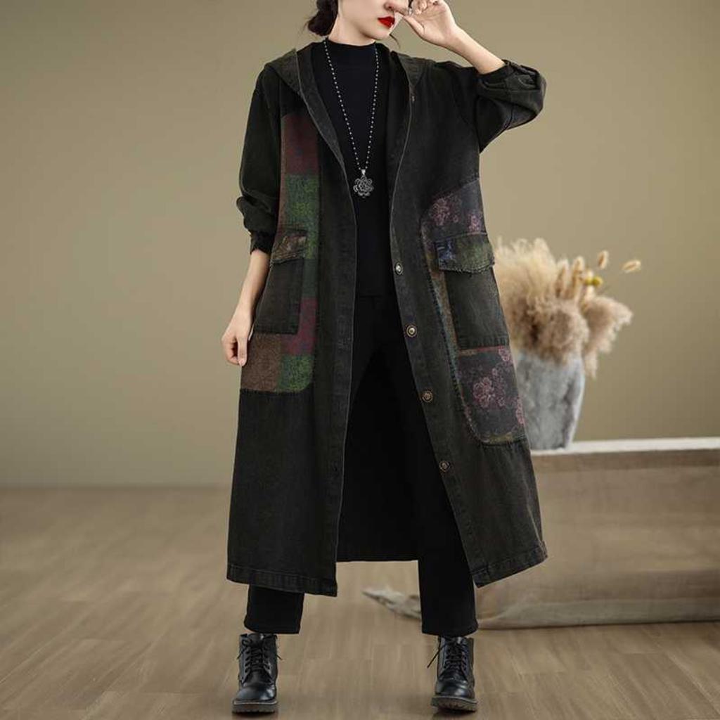 Women's Hooded Long Sleeve Solid Color Denim Coat Straight Leg Loose Fit Casual Midi Coat