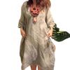 2026 European and American Fashion: Women's Abstract Print Linen Dress with Round Neck and Three-Quarter Sleeves