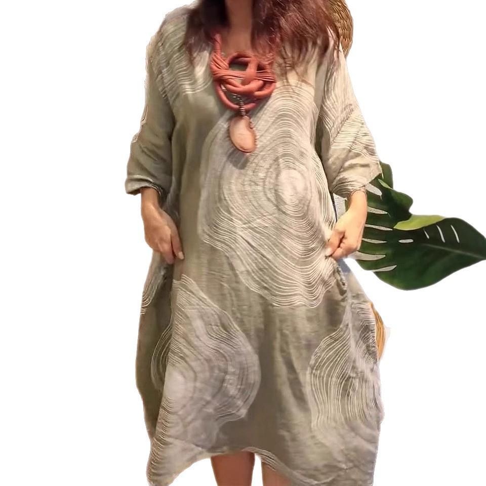 2026 European and American Fashion: Women's Abstract Print Linen Dress with Round Neck and Three-Quarter Sleeves