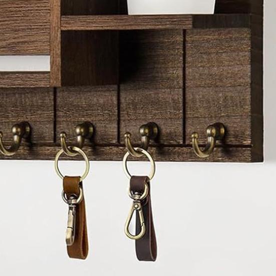 Wooden Home Key Holder with 6 Hooks Open Shelf Rustic Wall Mount Key Organizer Multi-purpose Home Office Entryway Decorative Key Hanger