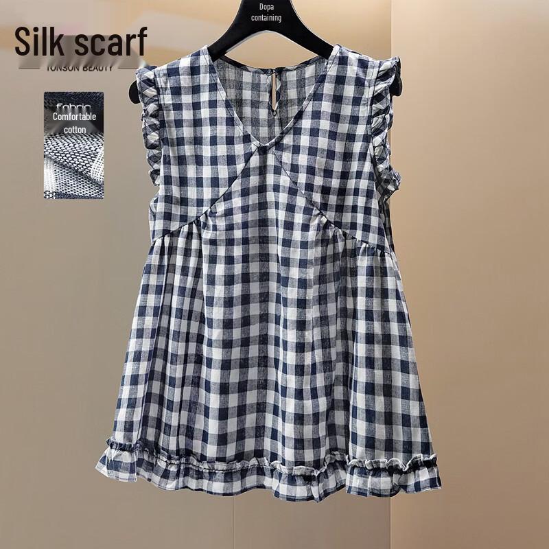 Silbaishe Women s V-neck Sleeveless Plaid Blouse L
