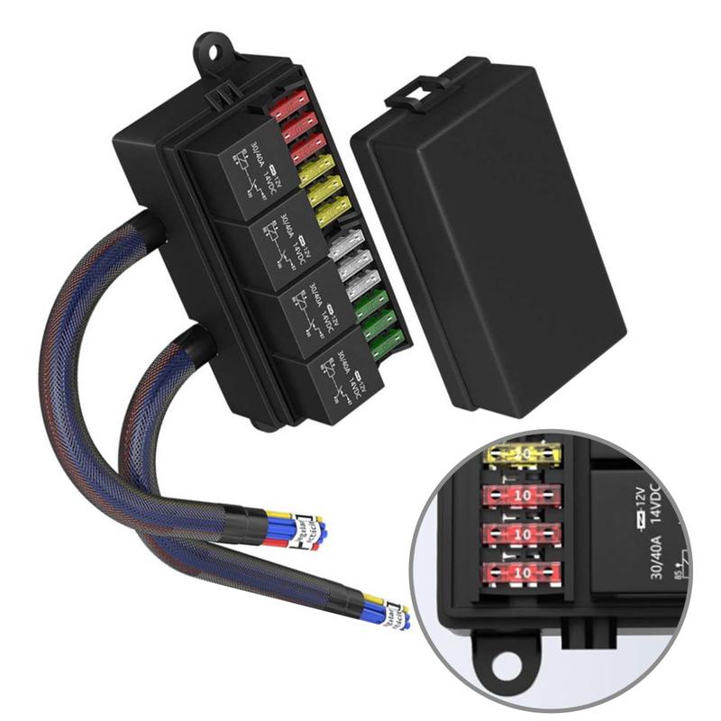 12V Sicherungsrelaisbox mit 4 Relais und 12 ATCATO-Sicherungen Vorverdrahtet mit ABS-Gehäuse für Fahrzeugelektrik