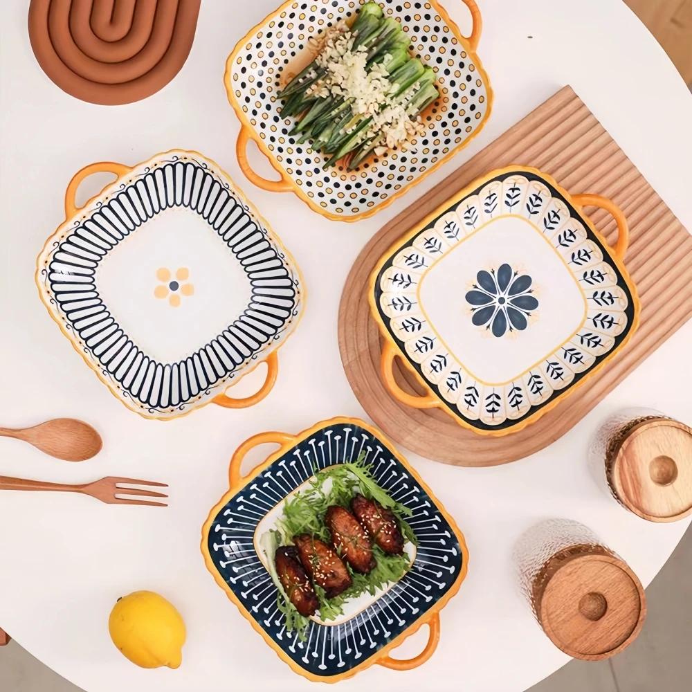 1 Pc Ceramic Square Serving Plate with Two Ears, Japanese Salad Plate, Kitchen Utensils, Italian Pasta Plate