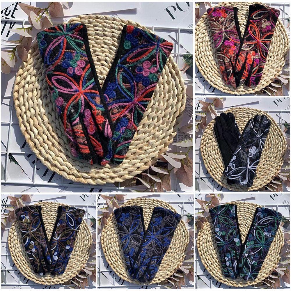 Colorful Pattern Warm Gloves Embroidered Women Mittens Ethnic Style Outdoor Cycling Gloves