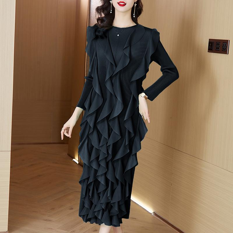 Miyake 2024 Spring Lotus Leaf Pleated Dress - Women's Layered Three-Quarter Sleeve, Round Neck, Plus Size