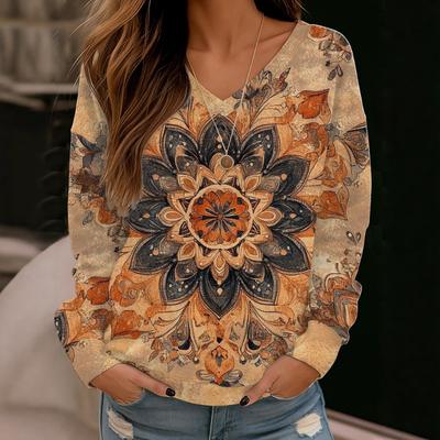 2025 Neues Damen Casual V-Ausschnitt Langarm Pullover Digital bedrucktes Sweatshirt
