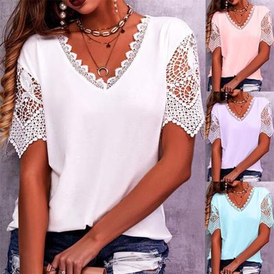 Women's T-shirt with Lace and Lace Stitching, Loose V-neck Short Sleeved T-shirt
