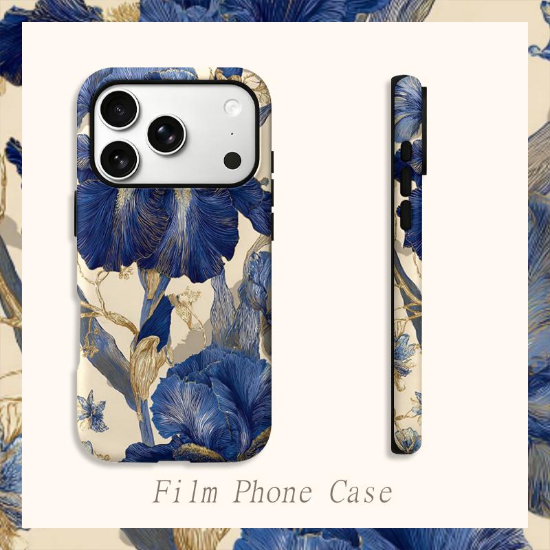 Gilded Iris Blue Gold Luxury Floral Graphic Art Film Aesthetic Protective Shockproof Bumper Phone Case Cover For iPhone 14 15 16 Pro Max Plus